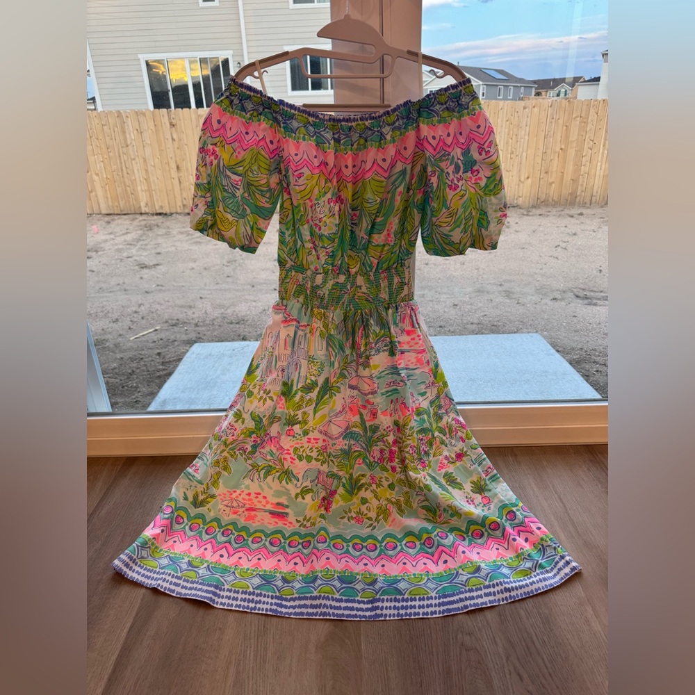 Lilly Pulitzer Pink and Green Off-Shoulder Midi Dress